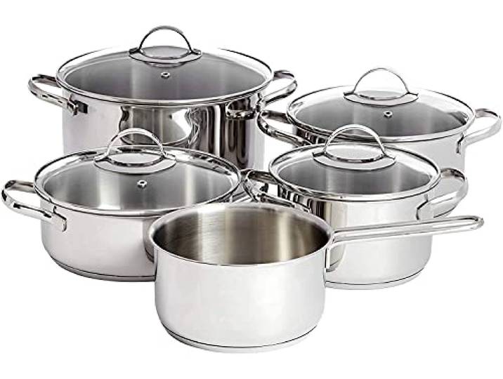 Amazon Basics 9 Stück Kochgeschirr-Set, Edelstahl, induktionsgeeignet, mit Deckeln, Silberfarben