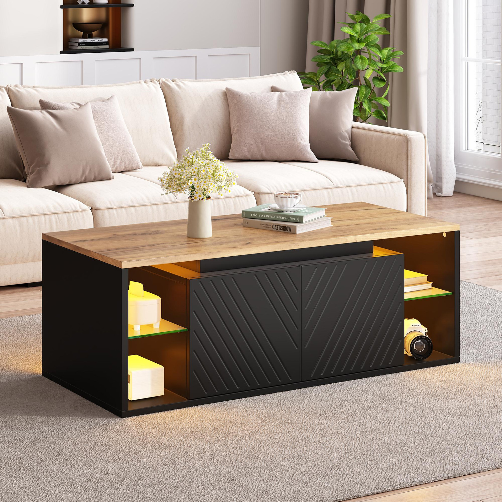 Merax salontafel met LED-verlichting en opbergruimte, zwart