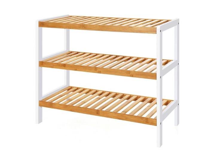 Étagère à chaussures 3 niveaux en bambou naturel et blanc - Réf. VK8681847469766
