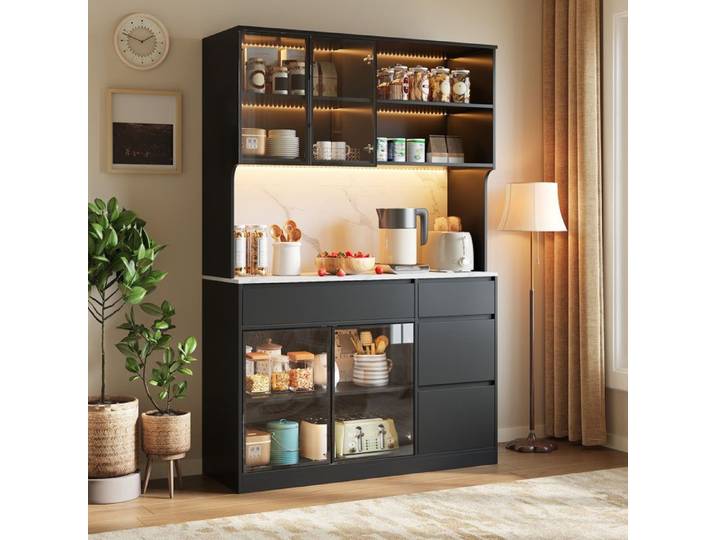 Buffet de Cuisine LEMLIT Buffet Haut Noir et Blanc 120x40x180 cm Vaisselier Vitrine LED Effet Marbre Tiroirs