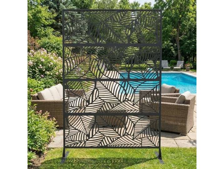 Sichtschutz Metall, Freistehender Paravent 180x120 cm, Wetterfester Sichtschutz Für Garten Terrasse Balkon Outdoor Deko, Raumteiler Mit Ständer, Verzinkter Stahl, Blatt Schwarz