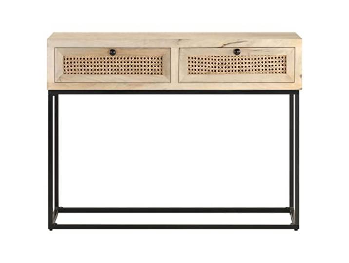 Konsolentisch aus Massivholz Mango und Schilf, 100x35x76 cm Robuste Stahlbasis, handgeflochtenes Schilf, geräumige Schublade, rustikales Design