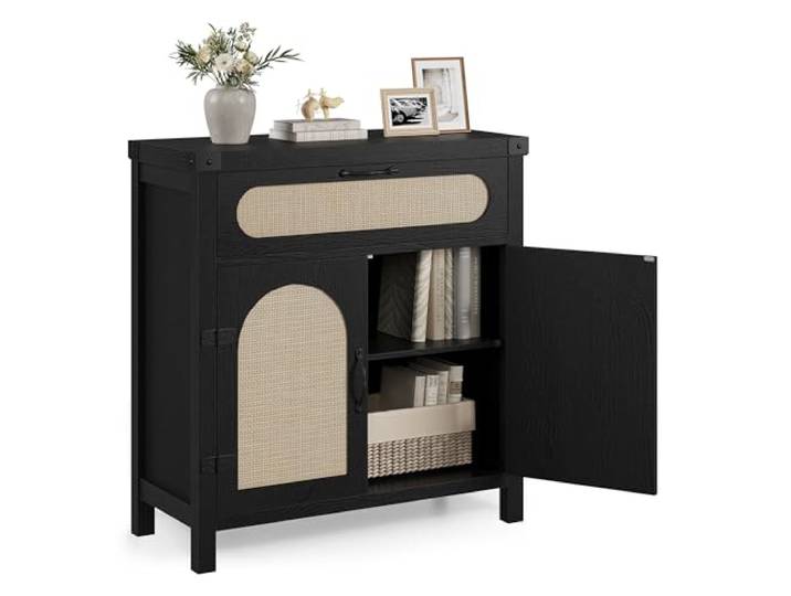 LuxFocus Rattan Sideboard 2 Türen Schublade Schwarz Boho Aufbewahrungsschrank mit verstellbaren Ablagen für Wohnzimmer, Esszimmer und Flur mit dekorativem Design