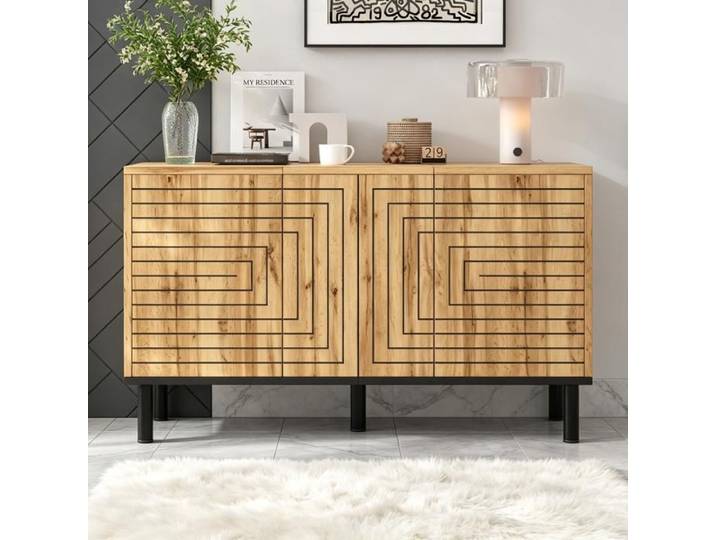 Buffet à motif ondulé en MDF 3 portes avec mécanisme de rebond armoire de rangement pour salle à manger Couleur Bois 120x35x68cm