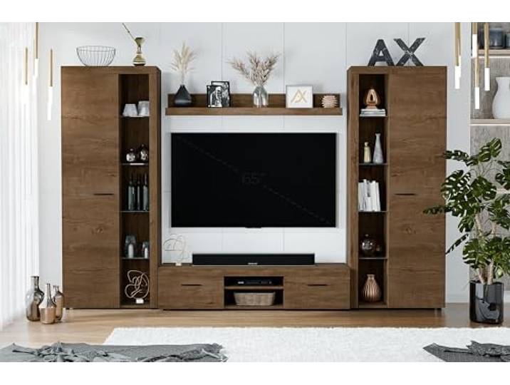AXLIVING Wohnwand Spacoro XL 300 cm Lefkas Zwei Vitrinen, ein Wandregal und ein TV-Unterschrank bieten offene und geschlossene Fächer. Transparente Glasböden.