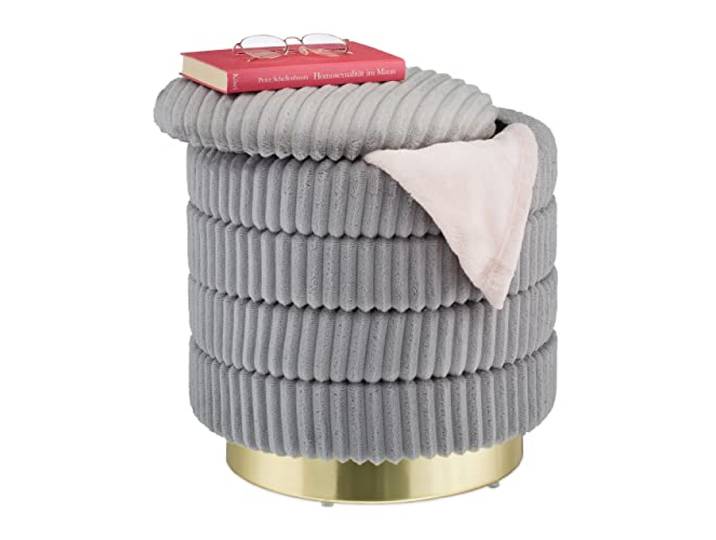Relaxdays Pouf Coiffeuse avec Espace de Rangement\, Rond\, élégant\, Tabouret Velours côtelé\, HxD: 43\,5x41 cm\, Gris/doré