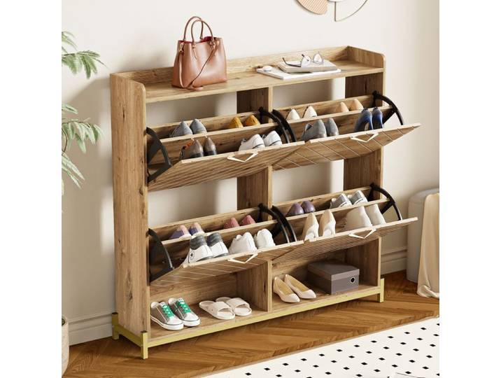 MODENUIT Meuble à chaussures 108x24x100 cm avec 4 portes abattants et pieds métalliques MDF Couleur naturelle