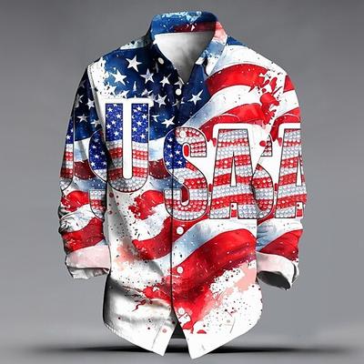 Herren Freiheitsstatue US Flagge 250. Jahrestag der Vereinigten Staaten Hemd Knopfhemd Langarm Patriotisch Ferien Alltagstauglich Frühling Herbst Umlegekragen 3D-Druck Leinenähnliches Hemd Weiß Braun