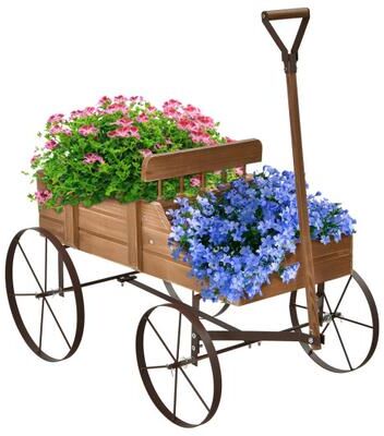 Costway Wooden Wagon Plant Bed With Wheel for Garden Yard-Brown
