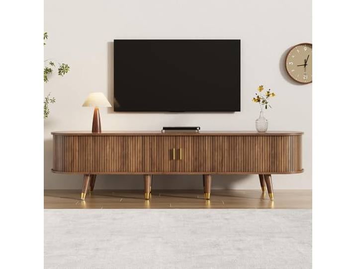 Merax TV-Lowboard mit Schiebetüren, TV-Schrank in Holzoptik, TV-Möbel & Fernsehschrank mit Stauraum – TV-Unterschrank mit offenen Regalen, für Wohnzimmer Walnut 175x38x45cm