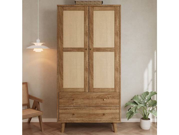 VUENOR Armoire de chambre 2 portes 80 x 50 x 180 cm noyer naturel effet rotin 2 tiroirs