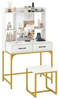 Costway Vanity Desk with Storage Drawers and Charging Station-White