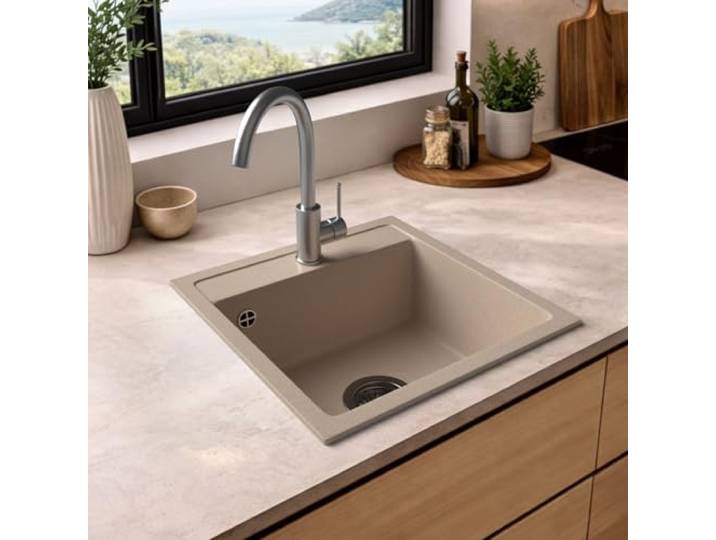 ANGEBOT: LINDBERGH® 44x44 Granit Spüle + kompl. Siphon, Einbauspüle Küchenspüle Spülbecken - Verbundstoffe MADE IN GERMANY (2. LUX22 Beige)