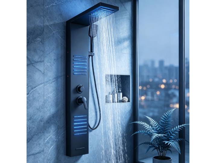 Colonne de douche LED noire avec cascade et pluie, système de massage hydroélectrique pour le corps, robinet mélangeur de bain et douche