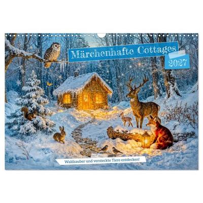 Märchenhafte Cottages - Waldzauber und versteckte Tiere entdecken! (Wandkalender 2027 DIN A3 quer), CALVENDO Monatskalender