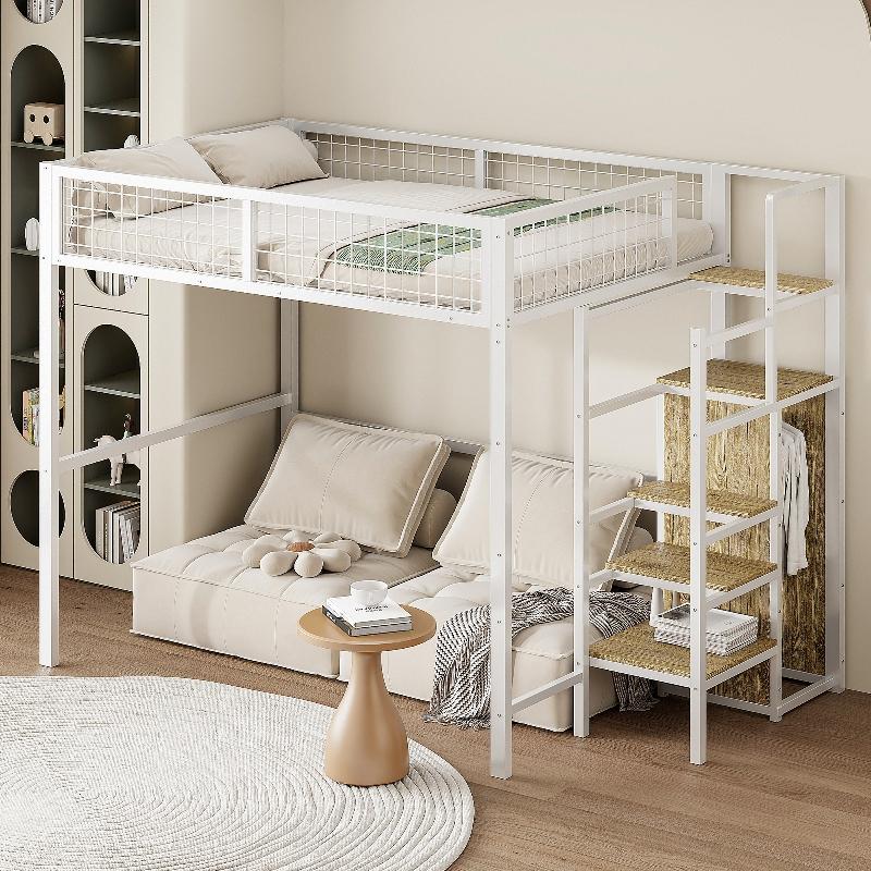 Hochbett 140x200cm mit Leiter, Kleiderschrank und Aufbewahrungsregal, Metallbett in Weiß mit Vollgitter für Kinderzimmer oder Gästezimmer