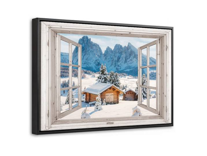 LEINWAND Bilder mit Rahmen - Winterlandschaft - Hütte - Berge - Ausblicke - Aussicht - Natur - 30x20