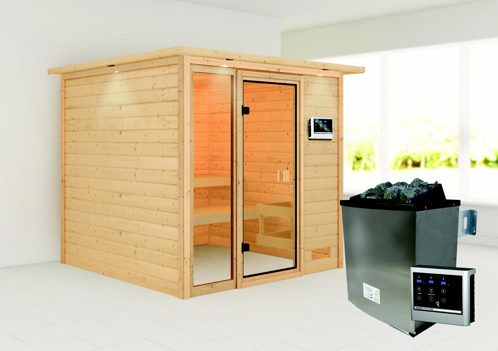 KARIBUHOLZT Sauna Jutta Front, 9kW externe Strg., m.Dachkranz 16880527