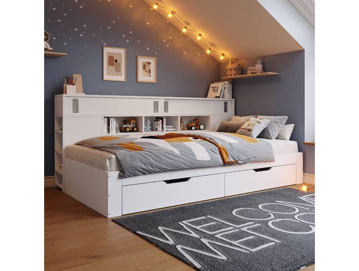 Lit Coffre 140x200 Cm Avec Rangement\, Tiroirs\, Étagères Et Armoires Intégrées\, Lit Multifonction Avec Sommier Inclus\, Blanc\, Sans Matelas