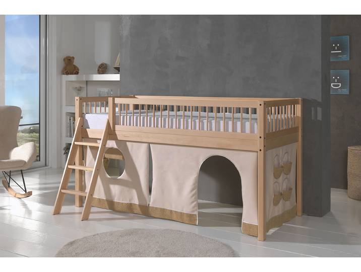 Lit mezzanine massif avec rideau 90 x 200cm Bois/Marron/Hêtre