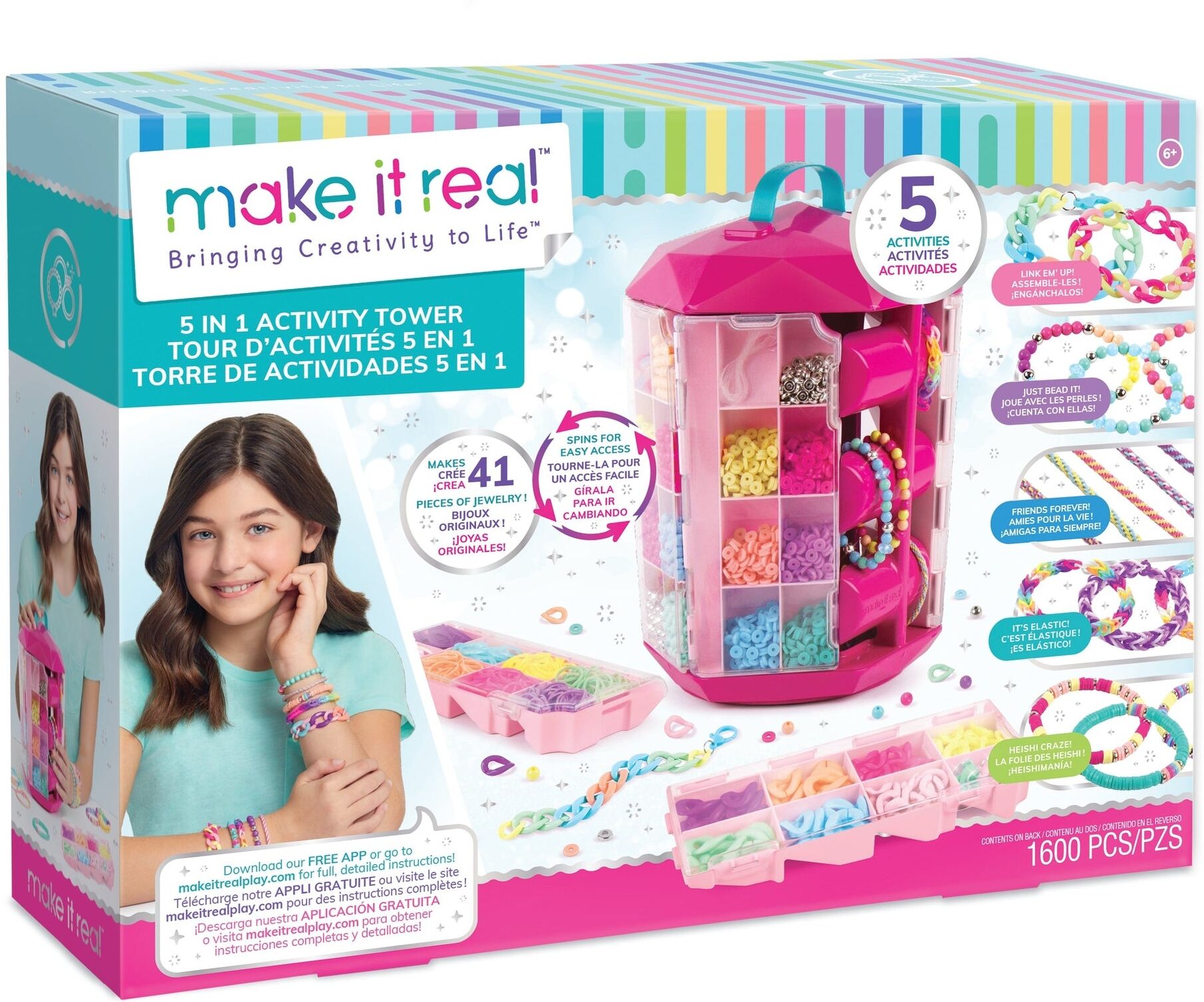 Make It Real 5-in-1 Activity Tower Jewellery Making Kit for Kids - Ages 6 and Over - Includes 5 Jewellery-Making Activities - 40+ Creations