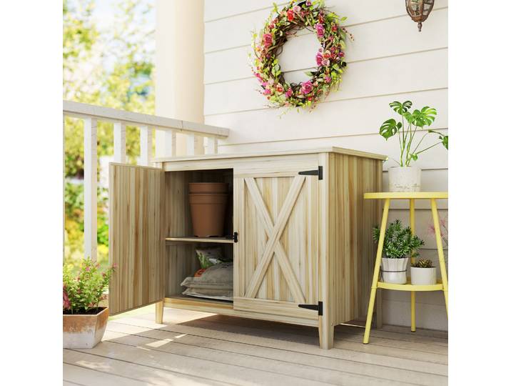 Outsunny Armoire de Jardin Bois Naturel avec Étagères 110x60x88.5cm