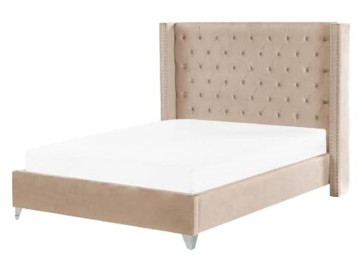 Beliani Bequemes Bett Samtstoff hohes Kopfteil in Beige 160 x 200 cm Lubbon
