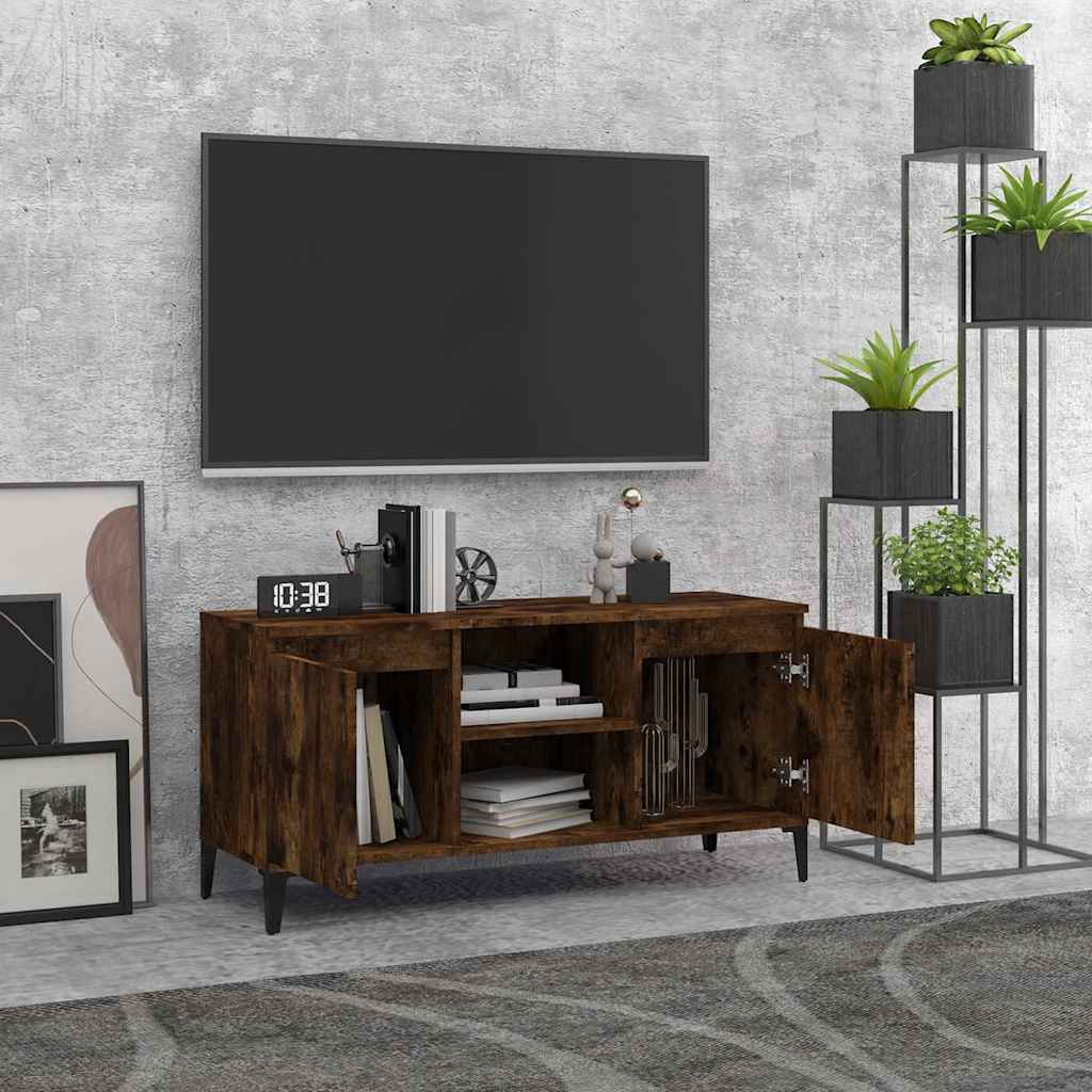 vidaXL Meuble TV avec pieds en métal Chêne fumé 103,5x35x50 cm
