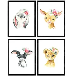 POSTER Set mit 4 Leon AlpacaKaninchen und Kuh A4 Schwarzer Rahmen