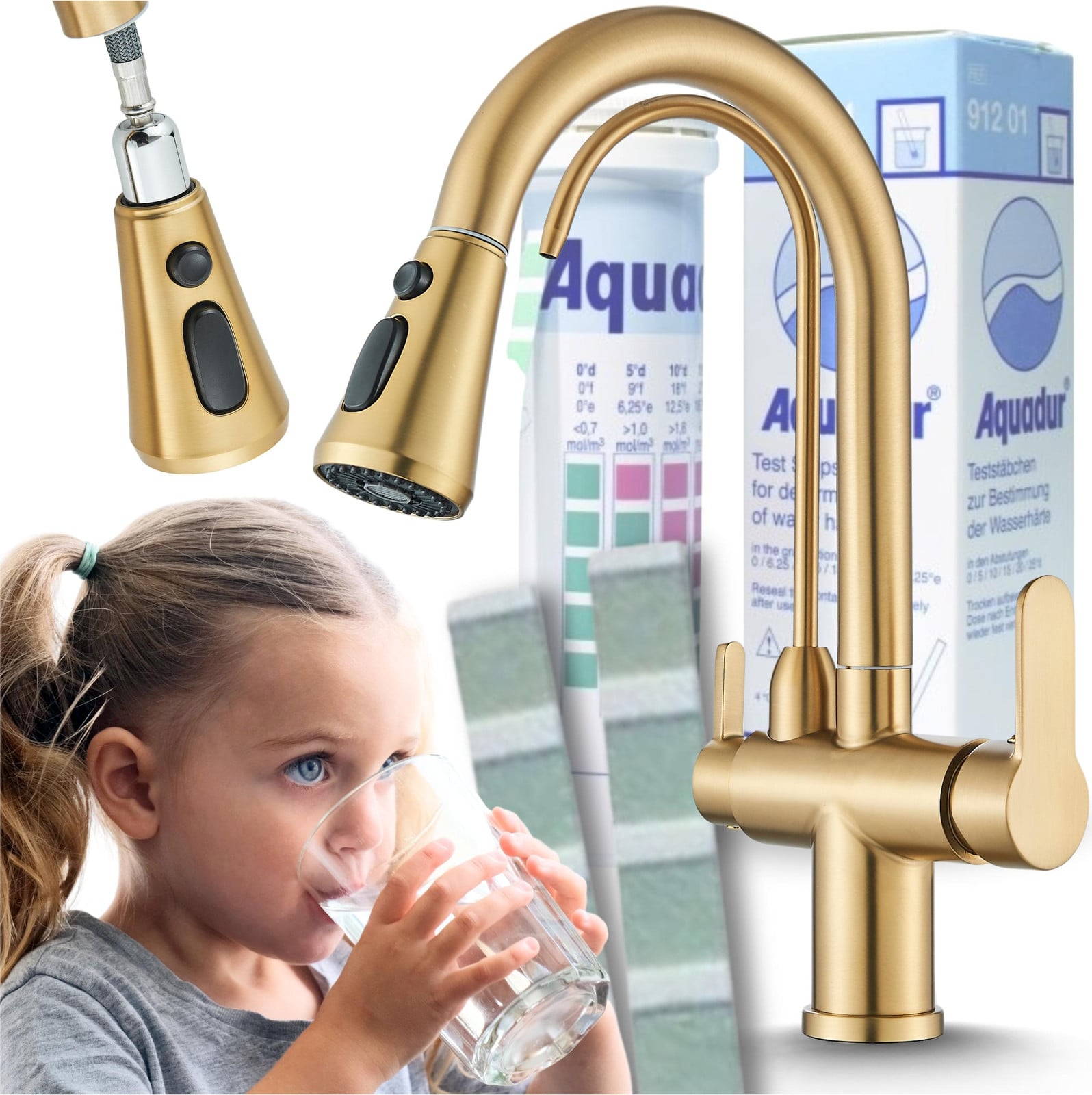 Ari Nordic Professionele Keukenmengkraan met Waterfilteraansluiting en Uitschuifbare Douche, Geborsteld Goud