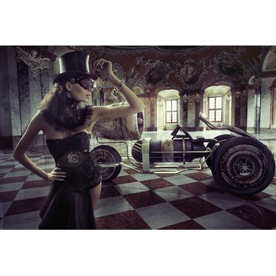 Fototapete PAPERMOON "STEAMPUNK-FRAU SEXY FANTASIE SURREAL KUNST RETRO AUTO", bunt, B:3m L:2,23m, Vlies, Tapeten