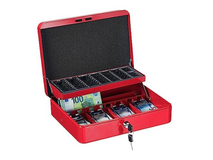 Relaxdays Caisse à monnaie\, verrouillable\, monnayeur & 4 compartiments à billets\, fer\, HLP 8\,5 x 30\,5 x 24\,5 cm\, rouge