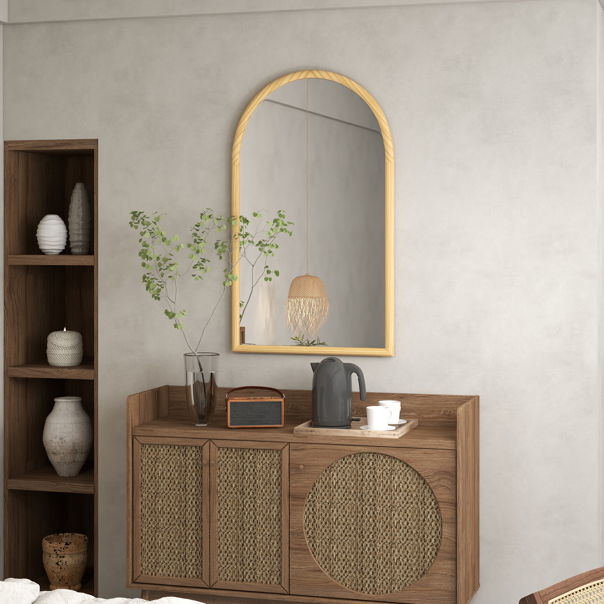 Homcom Specchio da Parete ad Arco, 110x65 cm, Cornice in legno, Specchio ad Arco per Soggiorno, Camera, Ingresso, Legno Naturale   Aosom Italy