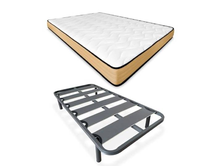 DUÉRMETE ONLINE Komplettes Bett mit Visko-Matratze, wendbar, verstärkter Lattenrost, 40 x 30 mm, mit Metallbeinen, legierter Stahl, Grau, 105 x 190 cm