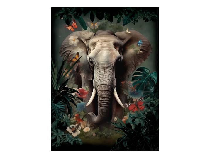 Tableau Éléphant dans la jungle Cadre : panneau de fibres de bois MDF Revêtement : toile Vert/Gris/Rouge 84 x 116 x 2cm