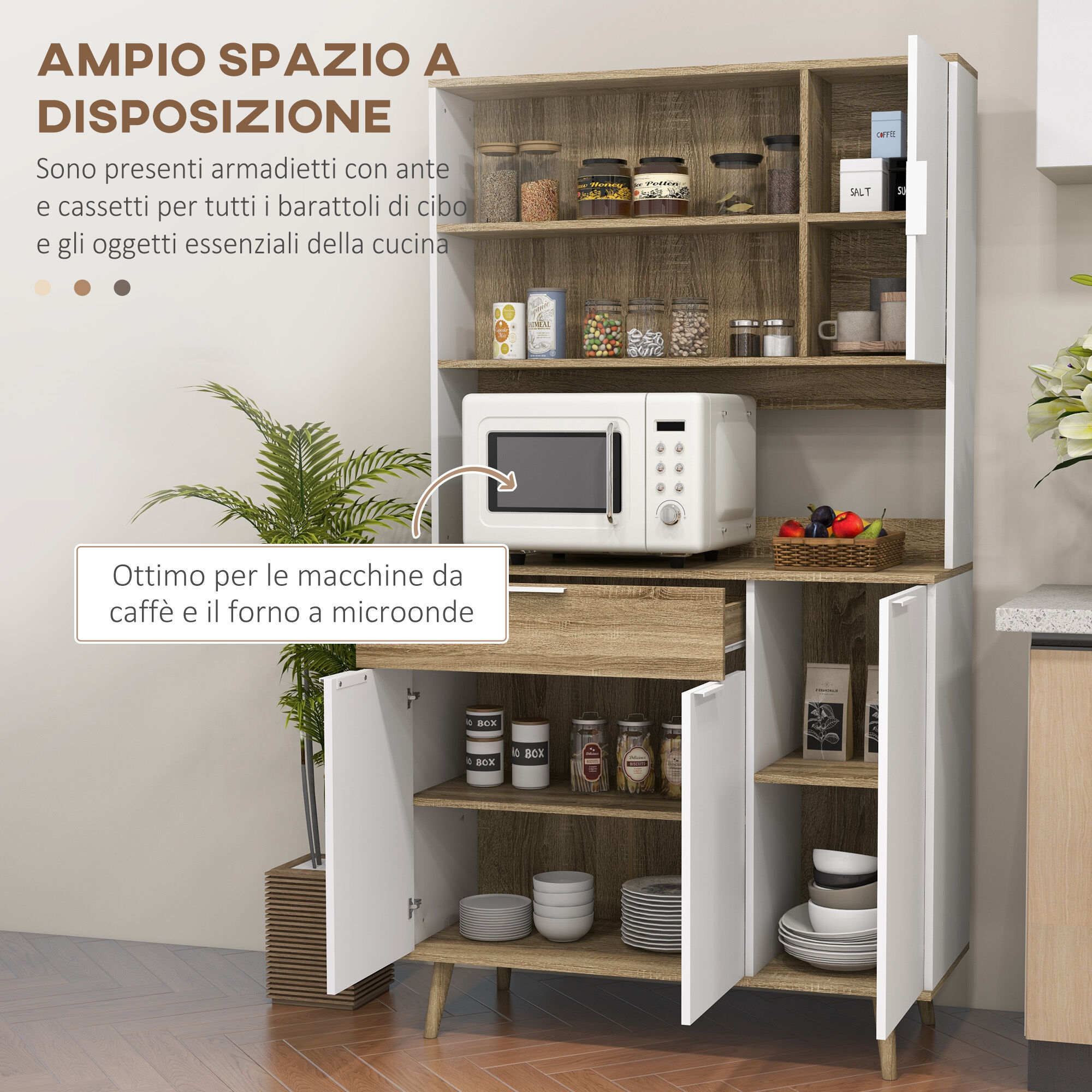 Altro Credenza Cucina Alta Moderna Con Armadietti E Cassetto, Mobile Dispensa Con Ripiani Regolabili, 98x39x180cm, Bianco E Legno