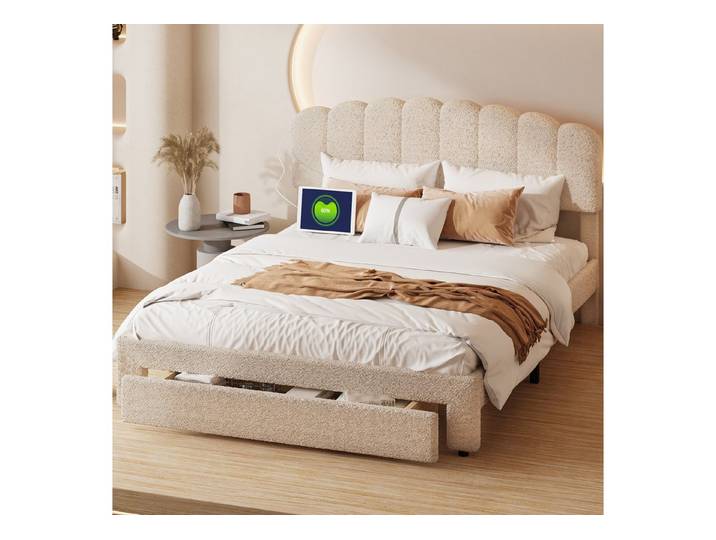 ADWOLT Polsterbett Doppelbett Stauraumbett mit USB+TYPE-C (Packung, 1-tlg., Jugendbett), 140x200 cm,Gepolstert,Schublade am Ende des Bettes,Plüschstoff-Beige