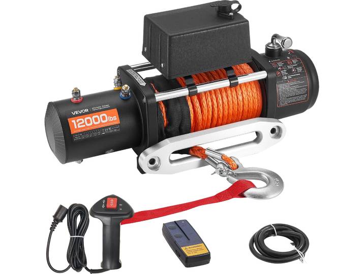 VEVOR Treuil électrique\, 5400 kg\, 12 V DC treuil pour camion avec Φ9\,1mm x 23m de câble synthétique\, télécommande sans fil & filaire\, IP55 pour le remorquage de véhicules tout terrain\, jeeps\, remorques & bateaux