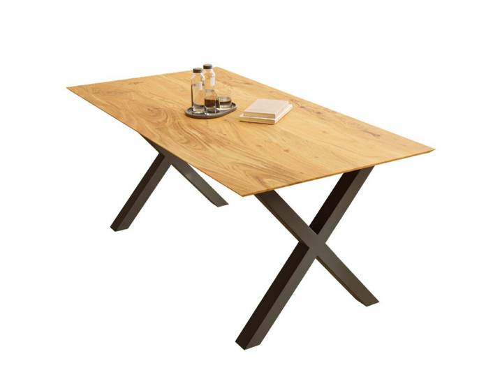 Liadomo Bern Esstisch aus Akazie mit Schweizer Kante - Akazie massiv natur lackiert - X-Gestell Metall schwarz - 140 x 80 Esszimmer, Tischplatte in Natur oder Nuss, Unikat, individuelle Gestaltung, pflegeleichte Oberfläche, Schutz gegen Feuchtigkeit, optisches Highlight Industrial, Natur
