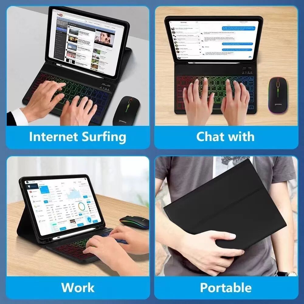 INF Lederhülle für iPad mit RGB-Bluetooth-Tastatur und -Maus Schwarz iPad 10,9/11 Zoll