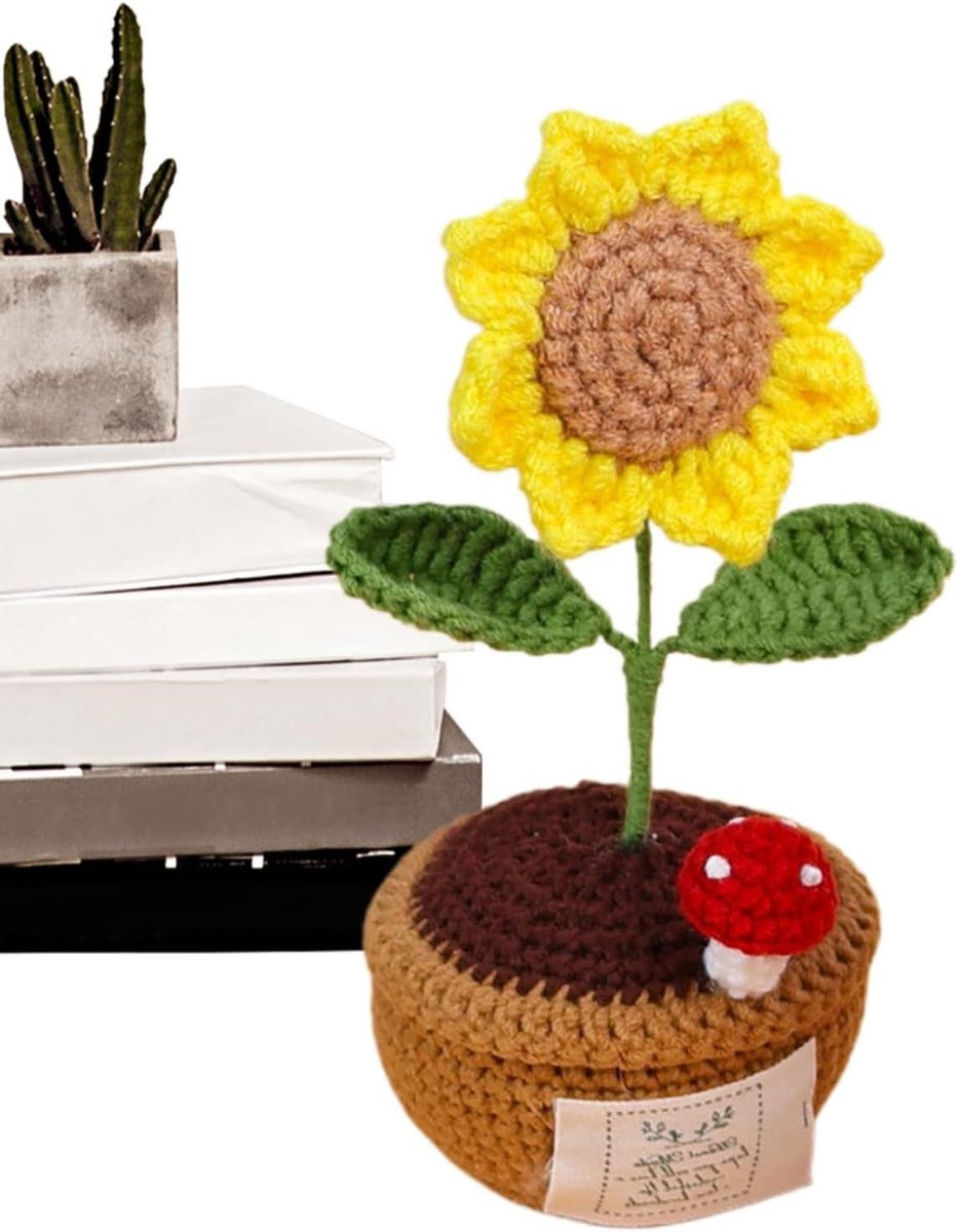 Handgemaakte Gele Gebreide Zonnebloem Decoratie - Hoogte: 14 cm