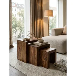 Beistelltisch 3er Set Massivholz Landhausstil Natur MUMBAI, Dunkelbraun 30x50x45 cm
