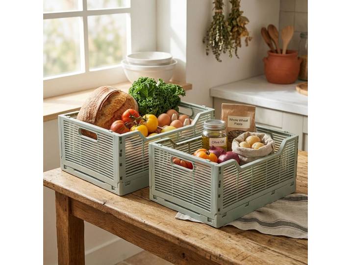 2er-Set Rechteckige Klappbox mit Griffen, grau-grün, 40 x 30 x 17 cm