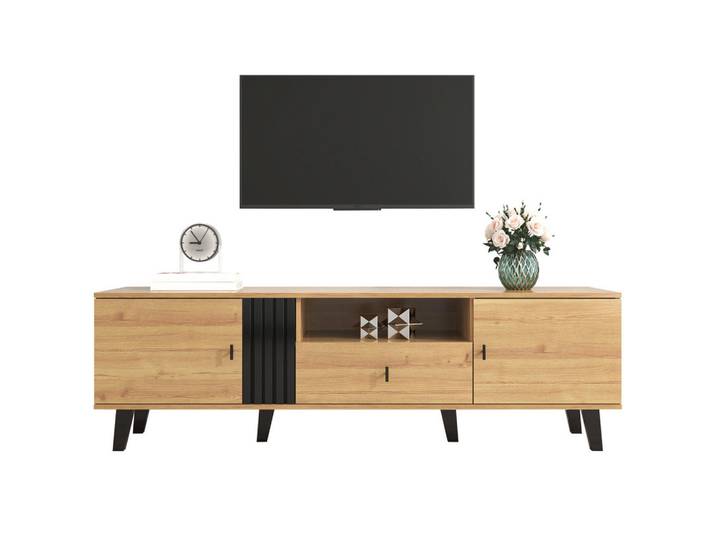 Flieks Tv-Schrank 170cm Modern Holz & Schwarz Design Schubladen Stauraum, Braun, 47x20.5x76.5 cm, Wohnzimmer, TV Möbel, Lowboards, Lowboards stehend