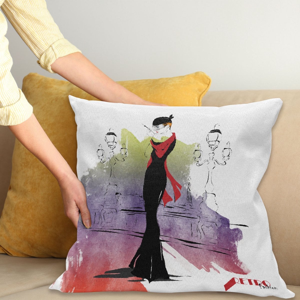 ABAKUHAUS Vintage Kussenhoes Mode Lady op Straße, Meerkleurig, 40 x 40 cm