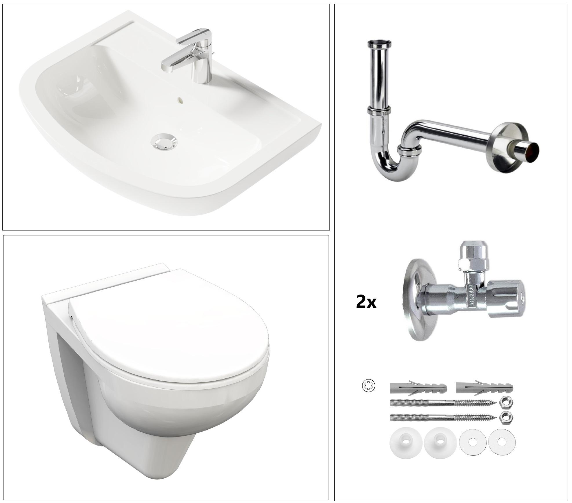 VIGOUR ONE Hänge Wand-WC mit SoftClose WC-Sitz und Waschtisch Set 60 cm mit Armatur und Zubehör