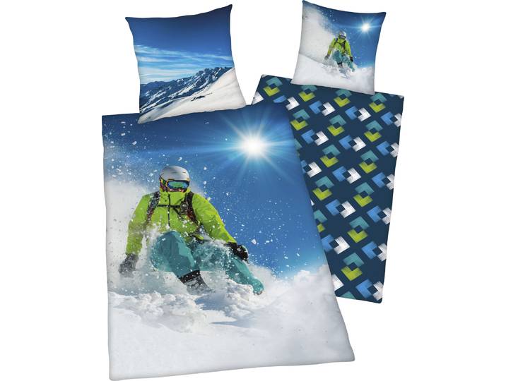 Wendebettwäsche Skifahrer , bunt, B/L: 135cm x 200cm, 1 Stk., 1 Stk., Renforcé, B/L: 80cm x 80cm, Renforcé, Obermaterial: 100% Baumwolle, HERDING YOUNG COLLECTION, Bettwäsche, Wendebettwäsche, mit tollem Skifahrer Motiv