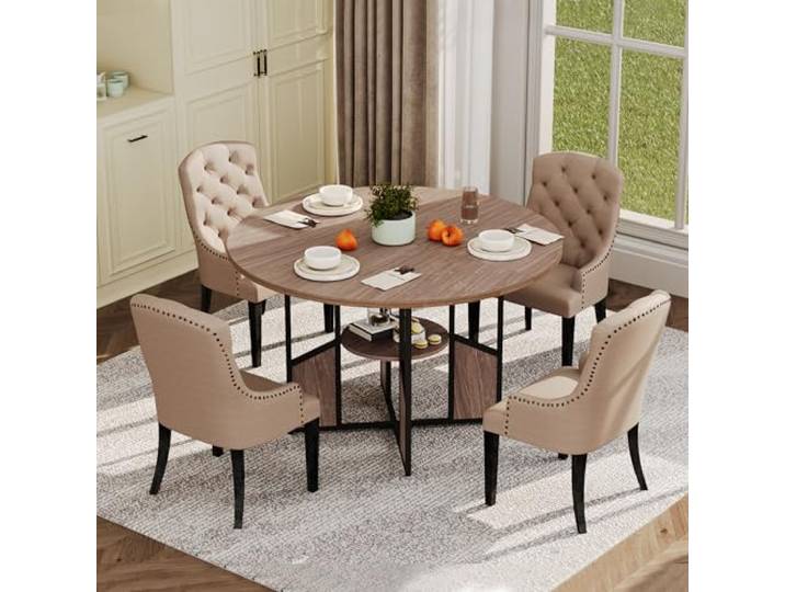 IDEALHOUSE Runder Esstisch Ø150 cm, Farmhouse-Holztisch für 4–6 Personen – Mittelfußgestell, höhenverstellbare Füße, optionaler Ablageboden/Stauraum – Farbe: Walnuss