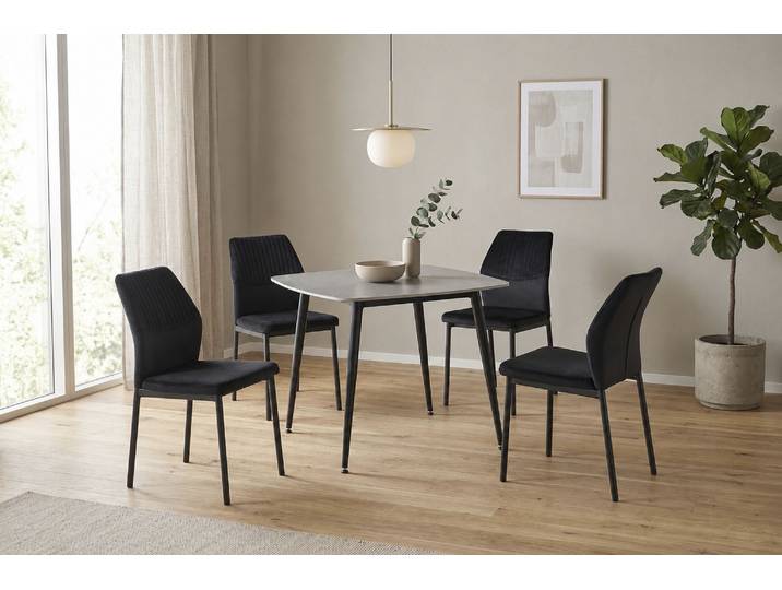 Essgruppe GOODPRODUCT Nora, Set, 5-tlg , schwarz (schwarz, grau, schwarz, schwarz), B:90cm H:74cm T:90cm, Metall, Stein, Stoff, Sitzmöbel-Sets, Essgruppe, mit 4 bequemen Stühlen, Esstisch aus gesintertem Stein in Keramikoptik