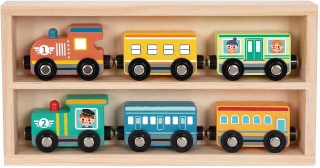 Tooky Toys 7-Piece Wooden Train Set for Toddlers, Includes 2 Trains with Locomotives and Carriages, Vibrant Colors